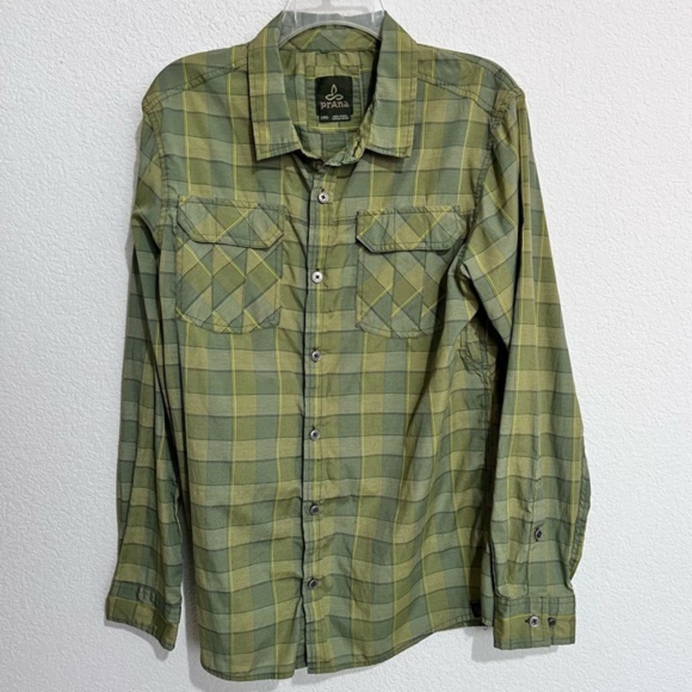 Prana Breathe Green Yellow Plaid Checked Organic Cotton Long Sleeve Shirt Large